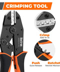 Close-up of 30 Piece Solar Crimping Tool Kit With Wire Stripper showing crimp and ratchet mechanisms.
