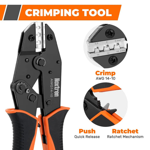Close-up of 30 Piece Solar Crimping Tool Kit With Wire Stripper showing crimp and ratchet mechanisms.