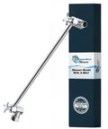 16 Inch Adjustable Shower Arm With Shark Teeth Locking Joints, Heavy Duty Brass Extender in chrome finish next to packaging.
