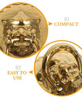 Close-up of gold lion head door knocker with large ring, part of Lion Head Door Knocker And Front Door Pull Handle Brass Decorative Hardware Set Of 2 For Vintage Chinese Style Home Entry No Fuss Install And Smooth Operation With Large Ring.