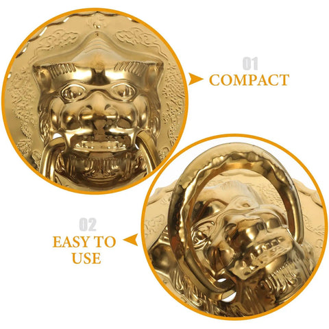 Close-up of gold lion head door knocker with large ring, part of Lion Head Door Knocker And Front Door Pull Handle Brass Decorative Hardware Set Of 2 For Vintage Chinese Style Home Entry No Fuss Install And Smooth Operation With Large Ring.