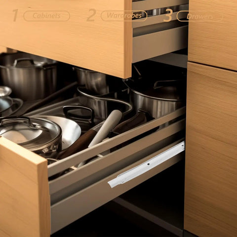 Drawer with open pots showing Heavy Duty Cabinet Drawer Slides 10 Inch Track Rails Stainless Steel with Powder Coated Metal Slides