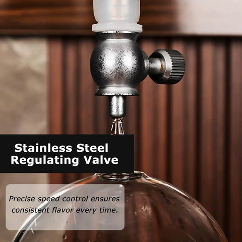Large Capacity Cold Brew Coffee Maker Tower With 1000ml Vertical Glass Carafe And Solid Wood Stand close-up of stainless steel regulating valve ensuring precise control.