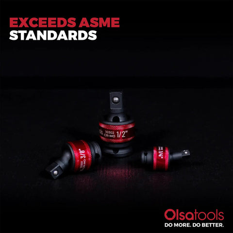 Three Piece Impact Universal Joint Socket Adapter Set For Quarter, Eighth And Half Inch Drives With 30 Degree Swivel Angles Chromoly Impact Rated Durable Mechanics Tool Built To Reach Tight Spots, 1/2in adapter visible