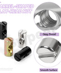 Close-up of 50Pcs M6x20mm Zinc Plated Barrel Nuts Kit For Furniture Assembly, showcasing cross dowels and thread detail.