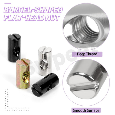 Close-up of 50Pcs M6x20mm Zinc Plated Barrel Nuts Kit For Furniture Assembly, showcasing cross dowels and thread detail.