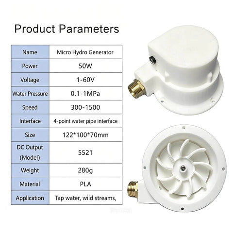 Portable 50W Micro Hydro Generator with product parameters for off grid power, brushless turbine for charging phones