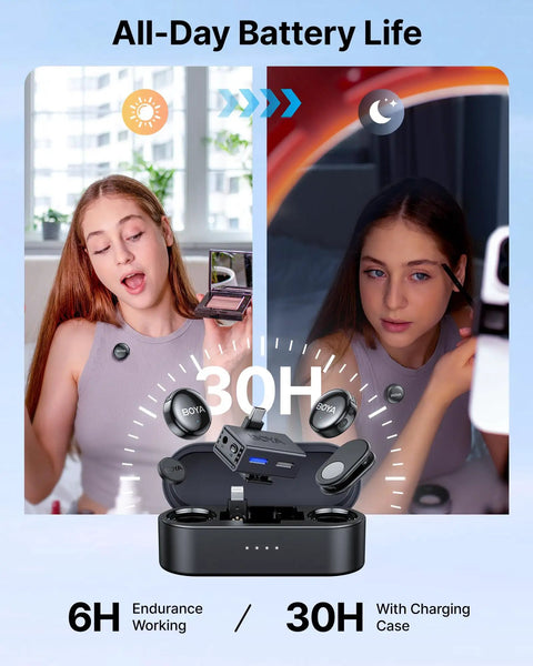 Wireless Lavalier Microphone System With AI Noise Cancellation For iPhone Android Cameras PC And Tablets 48kHz 24Bit Studio Sound