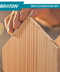 Hand sanding wood with Ultimate Sandpaper Kit For Woodworking 60 Pc Assortment with 80 120 400 600 grit sheets.