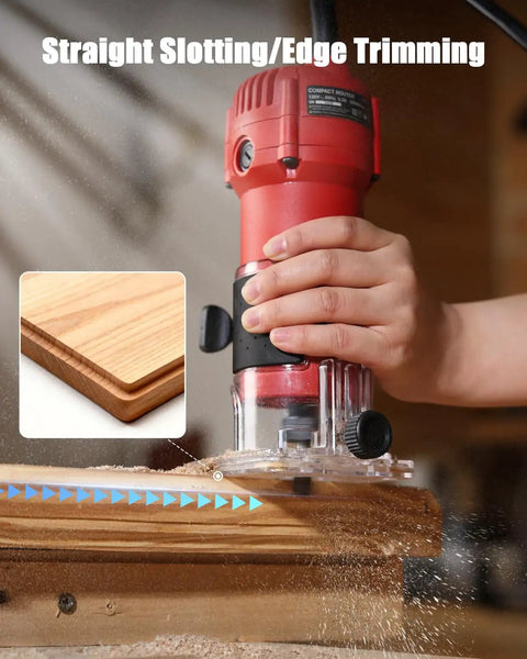 Beefy 630W Wood Router Tool With Fixed Base, Compact Design in use for edge trimming on wood, showing detail of slotting.
