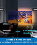 Comparison of TV lighting with Ultra Long 130ft RGB LED Strip Lights Kit, showing improved mood lighting in a home theater setup