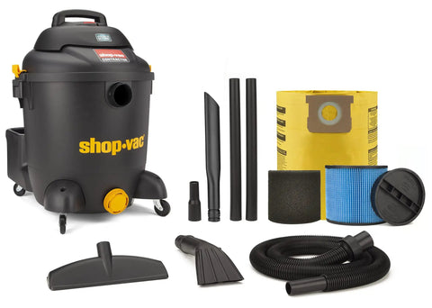 Beast Mode Heavy Duty 12 Gallon Wet Dry Vac for Jobsite Garage and Home Cleanup 5.5 Peak HP Contractor Series accessories shown