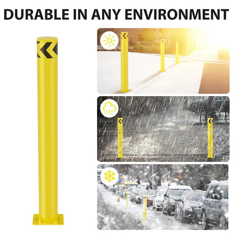 Built Tough Heavy Duty Steel Safety Bollard Post Delivering High Visibility Parking Protection and Raw Impact Resistance while standing up to daily wear with a rust proof powder coat finish in various weather conditions.