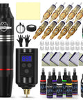 Wireless Tattoo Kit For Beginners All In One Rotary Pen Machine With 2 Batteries And Charger, shown with ink, needles, gloves, and transfer gel