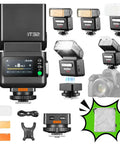 iT32 TTL Camera Flash With X5S Wireless Trigger For Sony Pro Photogs And Vloggers, kit components visible with camera.