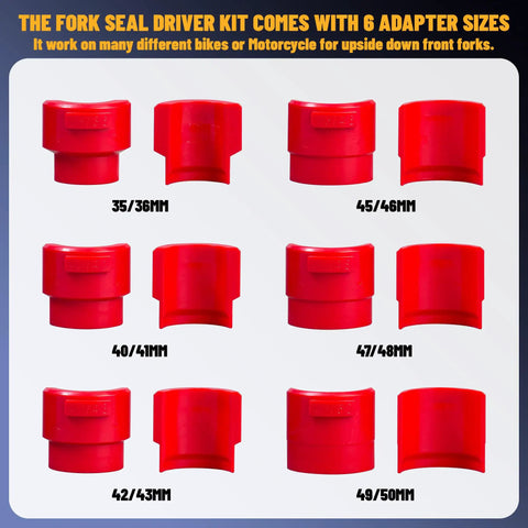 14 Piece Universal Motorcycle Fork Seal Driver Kit With 35mm To 50mm Adapters showing six red adapter sizes