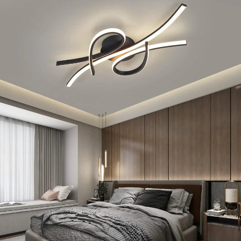 Lit LED Ceiling Light Fixture 40W 2600 Lumens Flush Mount Chandelier Matte Black Finish installed in modern bedroom