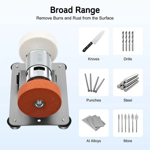 Heavy Hitter 96W Mini Belt Sander With Seven Adjustable Speeds And Brushless Motor showing various tool applications including knives and drills.