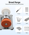 High Performance Mini Bench Grinder With Dual Wheels And Variable Speed Control From 3000 To 6000 RPM, showing tool capabilities for knives and drills.