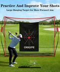 Golfer practicing with 10x7ft Golf Net With Target Cloth And Dual Turf Mats, Includes 6 Balls, 8 Tees, Carry Bag For Indoor Outdoor Practice