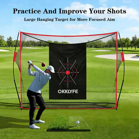 Golfer practicing with 10x7ft Golf Net With Target Cloth And Dual Turf Mats, Includes 6 Balls, 8 Tees, Carry Bag For Indoor Outdoor Practice