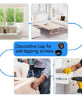 Multi-Function Hinged Screw Cover Caps Set for self-tapping screws, shown in various home and DIY settings, Decorative Black Caps, 100 Piece Pack.