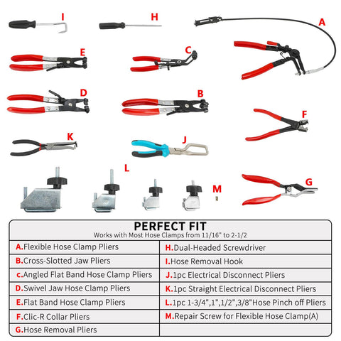 All In One Hose Clamp Pliers Set for Auto Maintenance with 15 pieces, including various pliers and electrical disconnect tools.