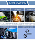 Automotive fluids application chart with coolant, engine oil, brake fluid, antifreeze fluid, and hot/cold wind symbols.