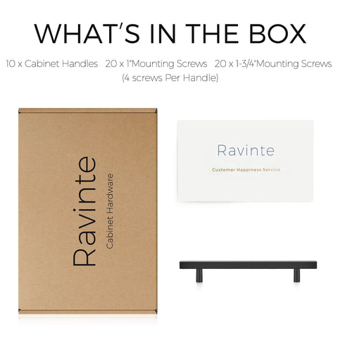 Box contents showing 10 Pack Matte Black Square Cabinet Pulls Stainless Steel Kitchen Cupboard And Dresser Handles 8-13/16 Inch.
