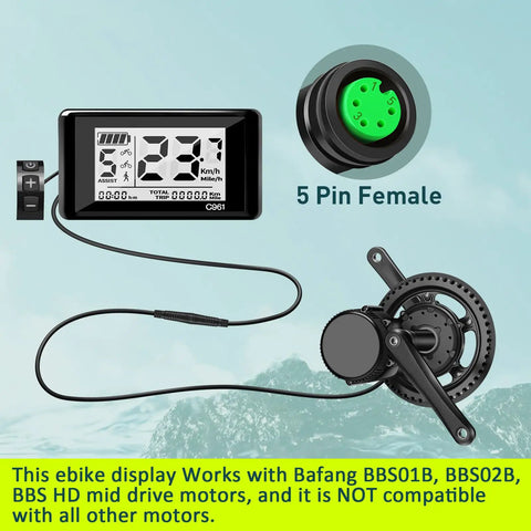 C961 5 Pin Female Ebike LCD Display For Bafang BBS01B BBS02B BBSHD Mid Drive Motors With UART Protocol Plug And Play Supports 0 To 9 Pedal Assist Levels Bike Computer Screen 22mm Handlebar Mount