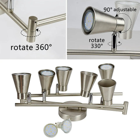 6 Light Flexible Track Lighting Rail With Adjustable Heads Slick LED Spotlight Ceiling Fixture In Brushed Steel Bulbs Included