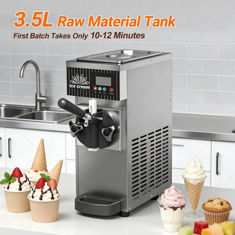 Heavy Lifter Commercial Ice Cream Maker With 450W Compressor And No Sweat Self Cleaning Air Cooled Setup Hustle Ready Frozen Dessert Machine For Busy Cafes on a kitchen counter with ice cream cones.