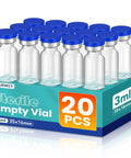 3ml Sterile Glass Injection Vials, 20 Pack, Individually Sealed With Self Healing Ports, Butyl Stopper And Aluminum Caps, Leakproof Lab Grade Vials For Safe Sample Storage, Transport, And Easy Refill. 20 clear glass vials on box.