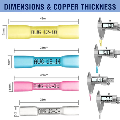 Heat shrink butt connectors AWG sizes with caliper dimensions, 220-Piece Heat Shrink Butt Connectors Kit With KableSeal Tech.
