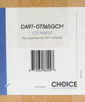 Label on a box showing DA97-07365GCM Icemaker Assembly Replacement for Refrigerator, compatible with GE WR30X10131.