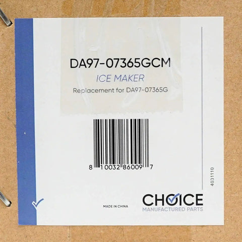Label on a box showing DA97-07365GCM Icemaker Assembly Replacement for Refrigerator, compatible with GE WR30X10131.