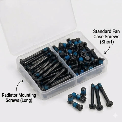80 Piece PC Fan Screw Kit with black carbon steel screws and blue nylon patch, includes 30mm long and 10mm short UNC 6-32 screws
