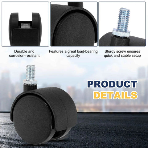 Close-up of Four Pack Two Inch Swivel Caster Wheels Fitted With M6x15mm Threaded Stems built strong for smooth rolling on furniture.
