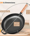 12 Inch Cast Iron Skillet With Removable Wooden Handle Pre Seasoned Fry Pan showing dimensions in centimeters and inches