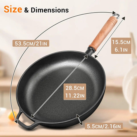 12 Inch Cast Iron Skillet With Removable Wooden Handle Pre Seasoned Fry Pan showing dimensions in centimeters and inches
