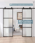 Sturdy Metal And Glass Sliding Double Barn Door With Hardware Kit 48 By 84 Inches Soft Close Included, installed view