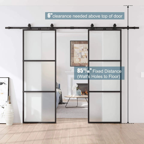 Sturdy Metal And Glass Sliding Double Barn Door With Hardware Kit 48 By 84 Inches Soft Close Included, installed view