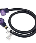 Heavy Duty 50 Amp RV and EV Extension Cord 36 Ft NEMA 14 50P to 14 50R with purple lighted connectors, coiled view.