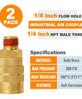 Two-pack SUNGATOR brass 1/4-inch NPT male air couplers with knurled grip for quick-connect fittings