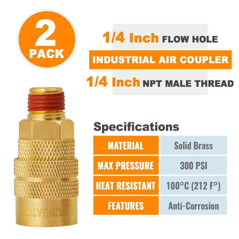 Two-pack SUNGATOR brass 1/4-inch NPT male air couplers with knurled grip for quick-connect fittings