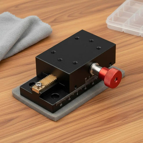 Top Notch Precision Dovetail Linear Stage With Dovetail Guide And Manual Rack And Pinion Travel For Rock Solid Fine Positioning Optical Alignment And Small Fixture Adjustments In Scientific Labs And Research, black metal stage with red knob