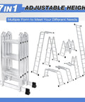 12.5 Foot Multi Purpose Folding Ladder For Home Roof RV And Painting, All In One 7 In 1 Aluminum Collapsible Extension Ladder With Large Joints, Adjustable Step Ladder, Lightweight And Rust Resistant., 7-in-1 aluminum folding ladder shown in multiple configurations
