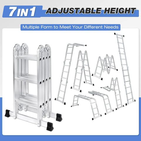 12.5 Foot Multi Purpose Folding Ladder For Home Roof RV And Painting, All In One 7 In 1 Aluminum Collapsible Extension Ladder With Large Joints, Adjustable Step Ladder, Lightweight And Rust Resistant., 7-in-1 aluminum folding ladder shown in multiple configurations