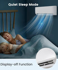 Top Shelf 36000 BTU Tri Zone Mini Split Air Conditioner Featuring Peak SEER2 Inverter Tech, quiet sleep mode cooling in a bedroom.