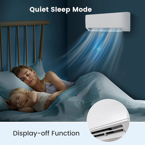 Top Shelf 36000 BTU Tri Zone Mini Split Air Conditioner Featuring Peak SEER2 Inverter Tech, quiet sleep mode cooling in a bedroom.